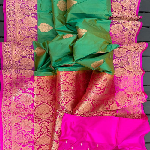 Gorgeous Green large buta katan silk with contrast Pink intricate zari woven large border and Pallu