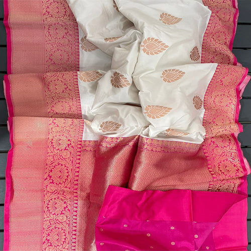 Gorgeous White large buta katan silk with contrast Pink intricate zari woven large border and Pallu