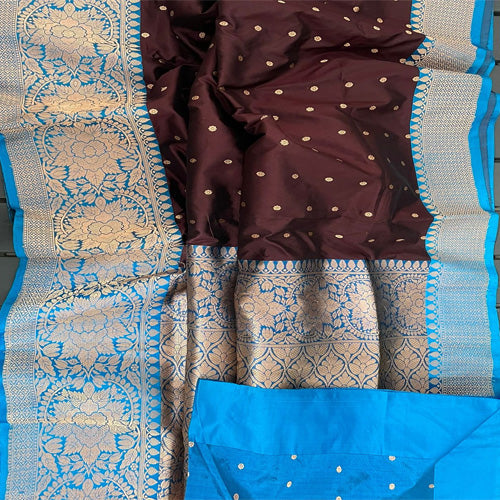 Gorgeous Coffee color large buta katan silk with contrast Blue intricate zari woven large border and Pallu