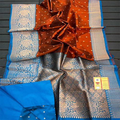 Gorgeous Brown large buta katan silk with contrast Blue intricate zari woven large border and Pallu