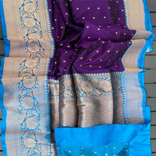 Gorgeous Voilet large buta katan silk with contrast Blue intricate zari woven large border and Pallu