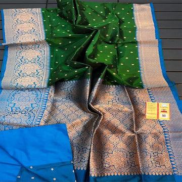 Gorgeous Bottle green large buta katan silk with contrast Blue intricate zari woven large border and Pallu