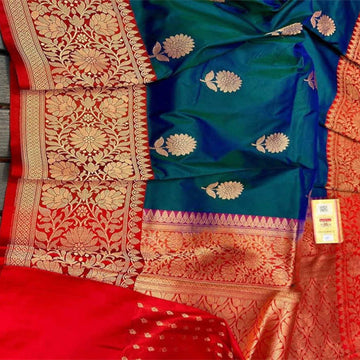 Gorgeous Royal Blue large buta katan silk with contrast Red intricate zari woven large border and Pallu