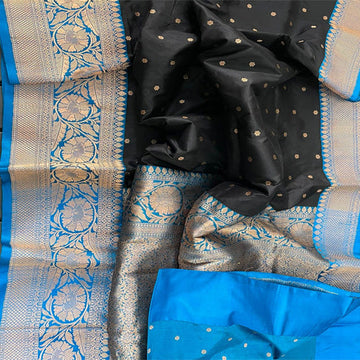Stunning Black large buta katan silk with contrast Blue intricate zari woven large border and Pallu