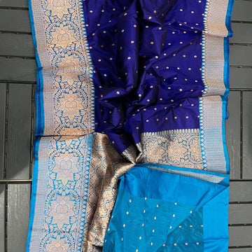 Gorgeous Royal blue large buta katan silk with contrast Light Blue intricate zari woven large border and Pallu