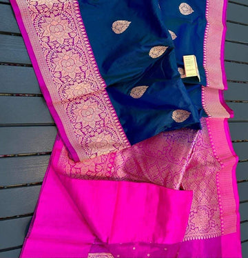 Gorgeous Royal blue large buta katan silk with contrast Pink intricate zari woven large border and Pallu