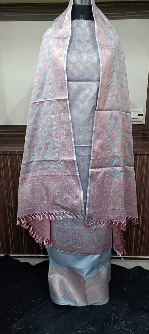 Powder blue color unstiched benarasi cotton silk 3 pcs suit