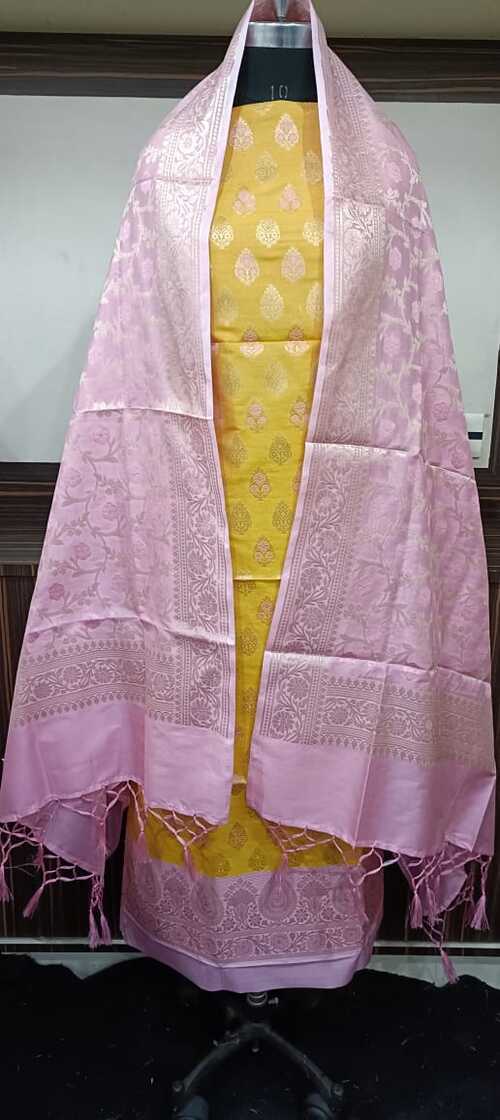 Mustard & baby pink color unstiched benarasi cotton silk 3 pcs suit