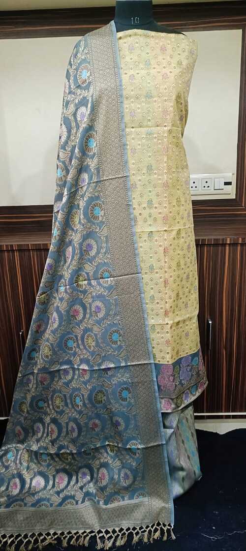 Beige & blue color unstiched benarasi cotton silk 3 pcs suit