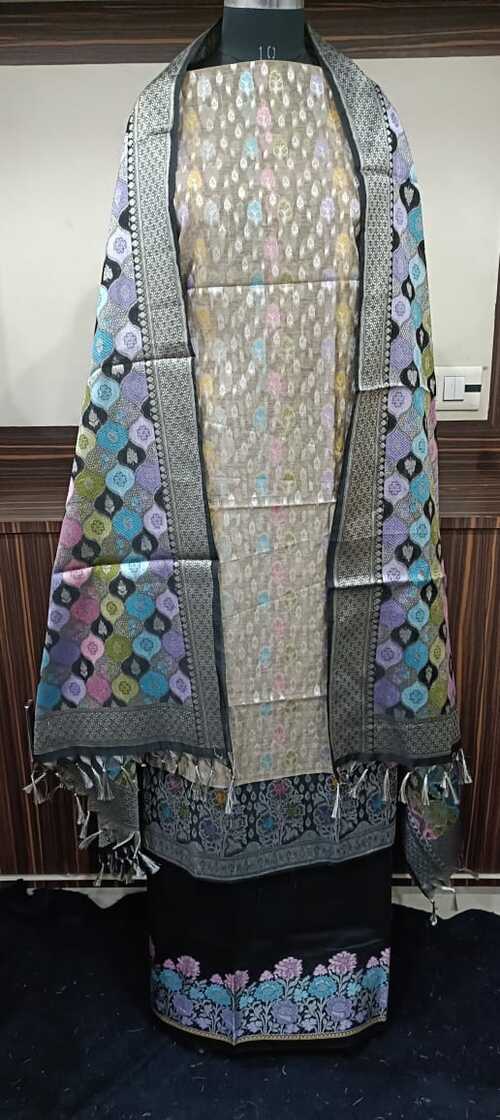 Grey & multi color unstiched benarasi cotton silk 3 pcs suit