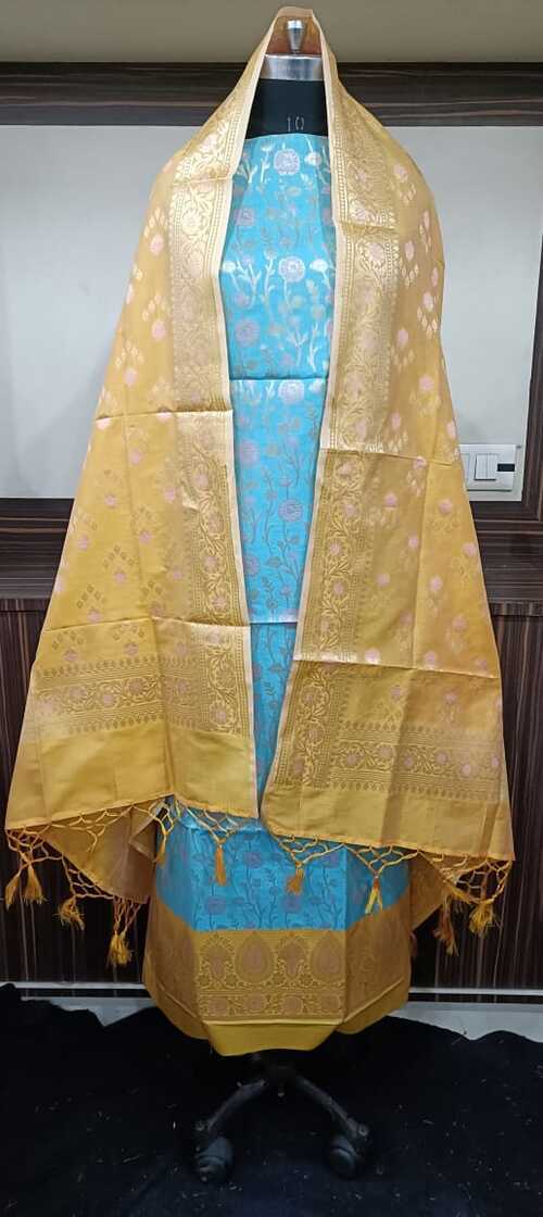 Blue & mustard color unstiched benarasi cotton silk 3 pcs suit