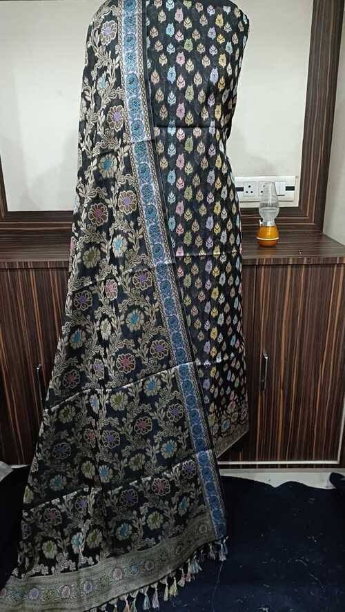 Black color unstiched benarasi cotton silk 3 pcs suit