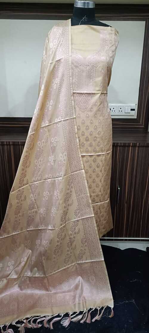 Beige color unstiched benarasi cotton silk 3 pcs suit