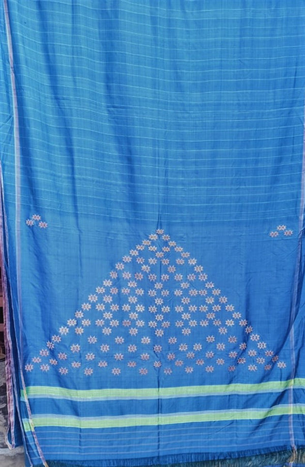 Pure Assam Handwoven Cotton in beautiful Powder Blue with White woven star buti Palllu - Sarikart Online