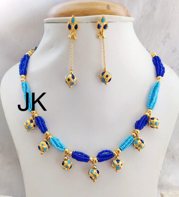Light & dark blue color Copper based gold polished Assamese mala