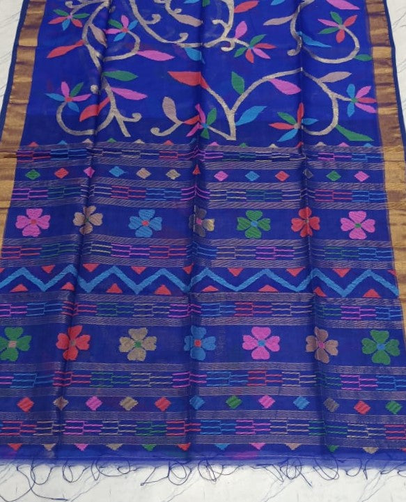 Blue Mult  Floral Jamdani with small Zari Border - Sarikart Online