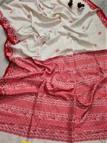 Classic white and Red butis with intricate woven border and Pallu
