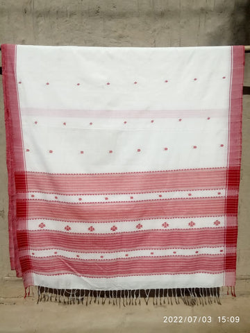 Pure Assam Handwoven Cotton in Classic Red and White with butis and a beautifully woven Pallu
