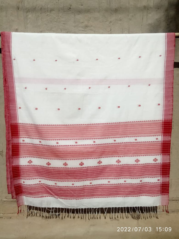 Pure Assam Handwoven Cotton in Classic Red and White with butis and a beautifully woven Pallu - Sarikart Online