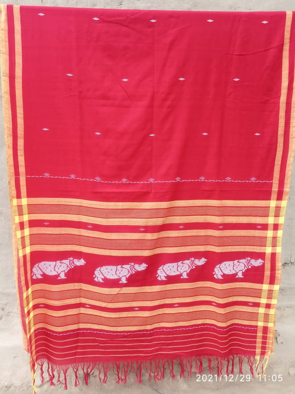 Pure Assam Handwoven Cotton in Classic Red and Yellow border with butis and a beautifully woven Rhino motif Pallu - Sarikart Online