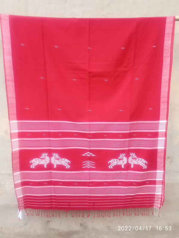 Pure Assam Handwoven Cotton in Classic Red and White strpe border with butis and a beautifully woven animal motif Pallu - Sarikart Online