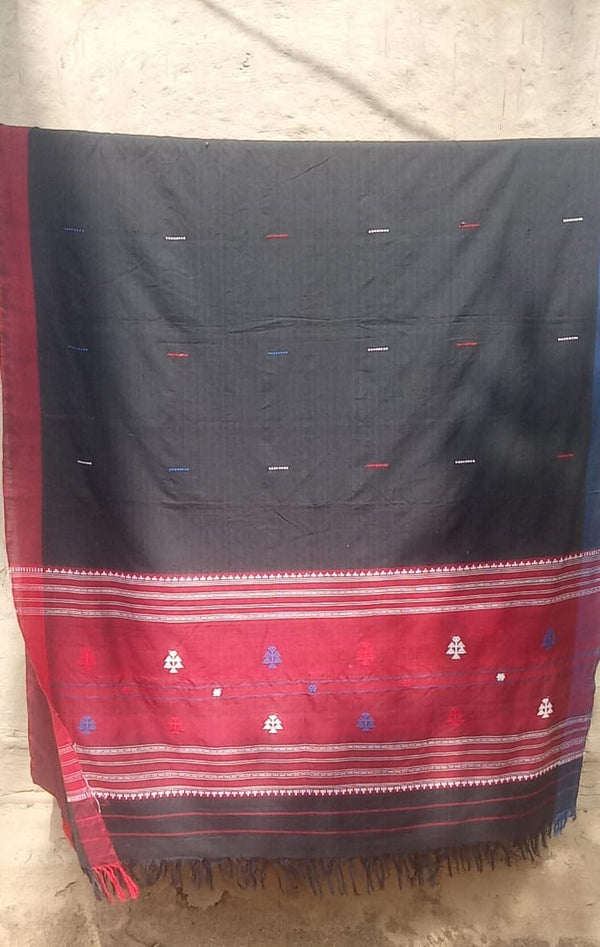 Pure Assam Handwoven Cotton in Stunning Black and Red combination with Red and Blue Border. - Sarikart Online