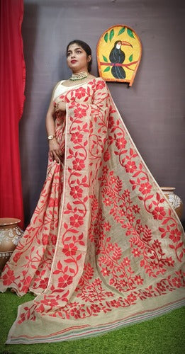 Beige color cotton jamdani saree