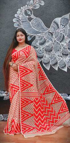 Pitch & Orange color cotton jamdani saree