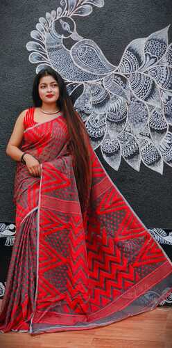 Grey & Red color cotton jamdani saree