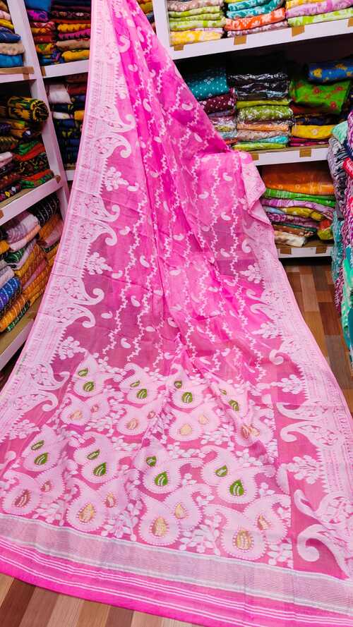 Pink color soft dhakai jamdani saree
