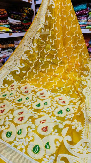 Yellow color soft dhakai jamdani saree