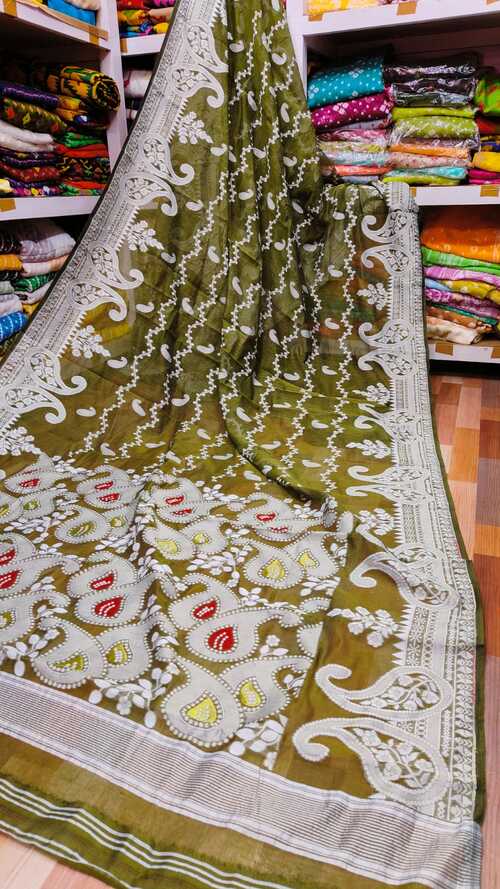 Olive green color soft dhakai jamdani saree