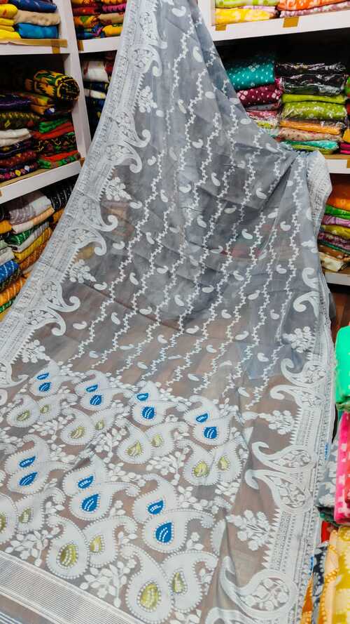 Grey color soft dhakai jamdani saree