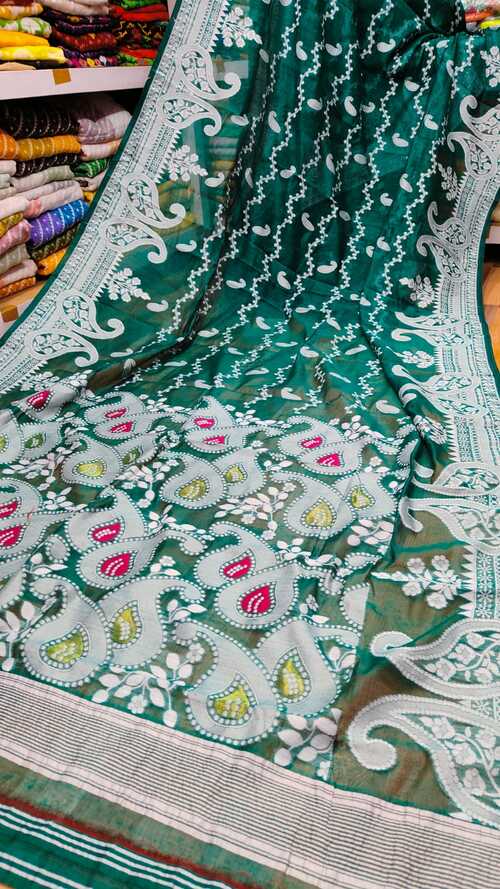 Teal green color soft dhakai jamdani saree