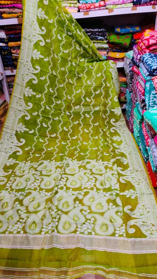 Pista green color soft dhakai jamdani saree