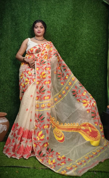 Cream color cotton silk dhakai jamdani saree