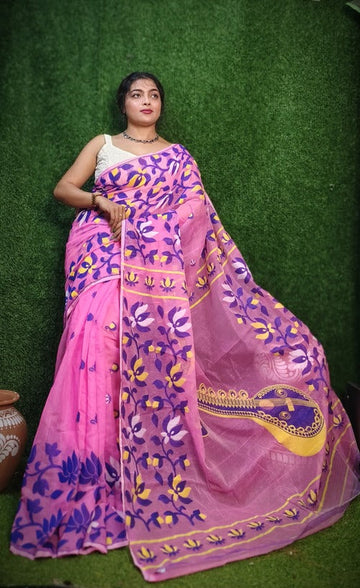 Pink color cotton silk dhakai jamdani saree