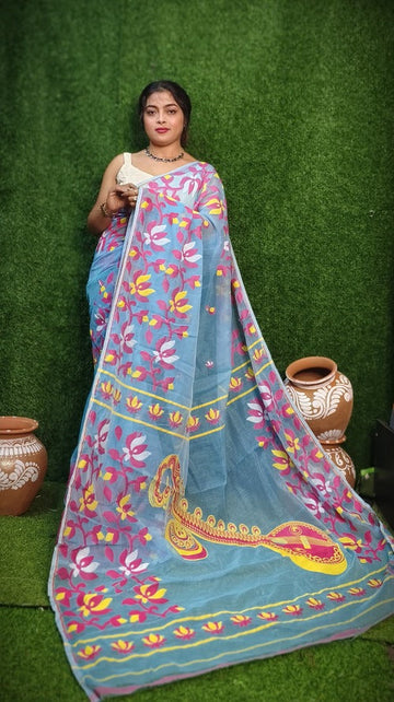 Light blue color cotton silk dhakai jamdani saree