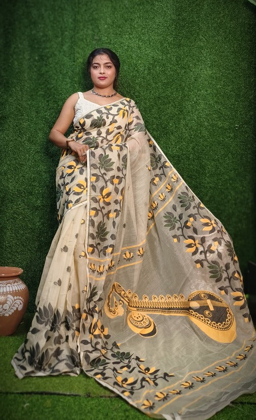 Beige color cotton silk dhakai jamdani saree