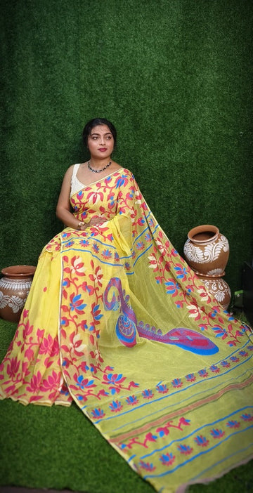 Yellow color cotton silk dhakai jamdani saree