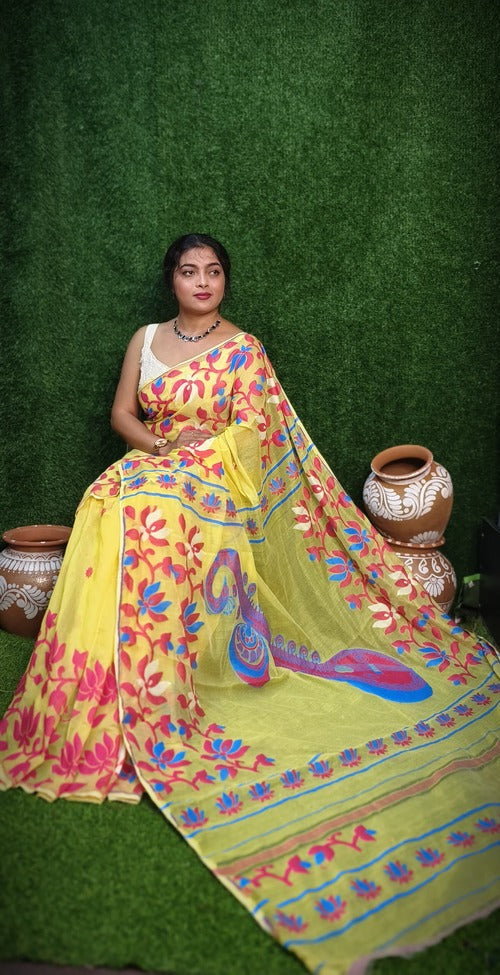 Yellow color cotton silk dhakai jamdani saree