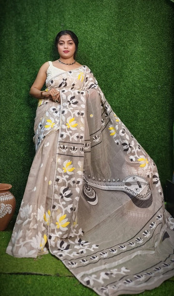 Grey color cotton silk dhakai jamdani saree