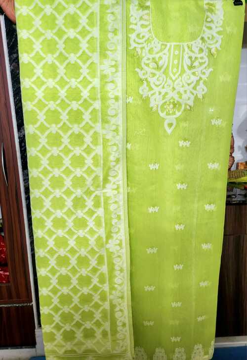 Pista green Color Cotton Dhakai Jamdani Suit Set