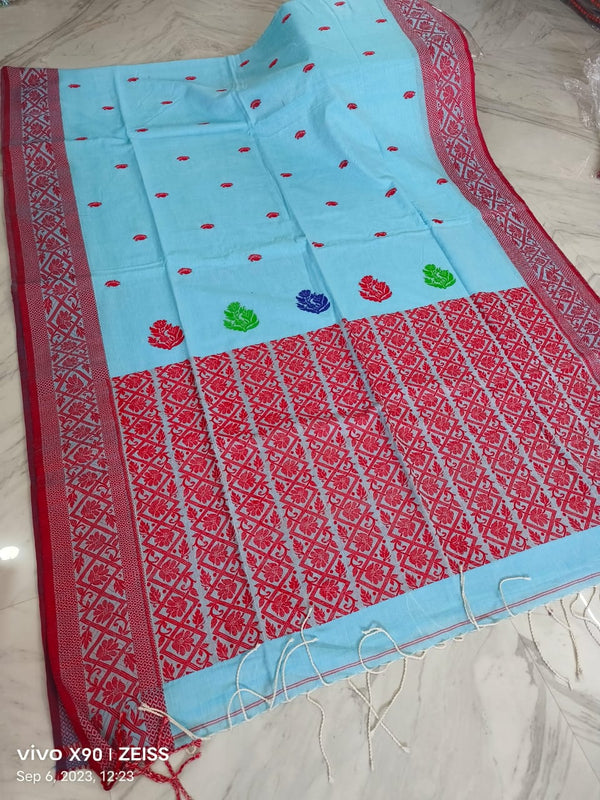 Sky blue color handloom cotton saree