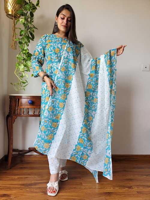 Blue base floral hand block printed cotton suit