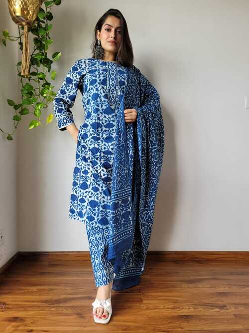 White base royal blue color floral  hand block printed cotton suit