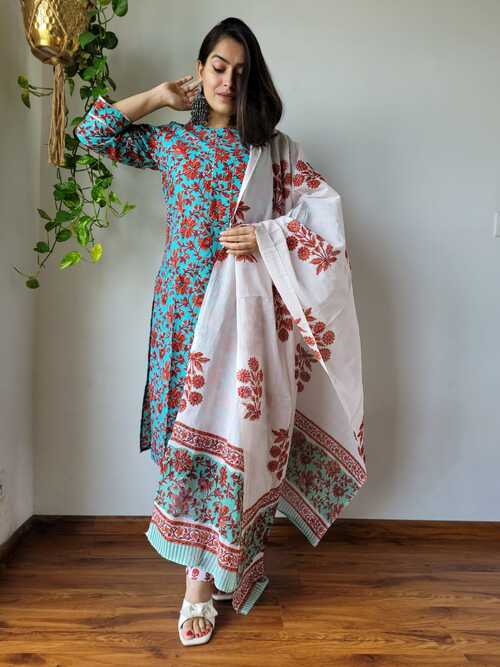 Blue base rust color floral  hand block printed cotton suit