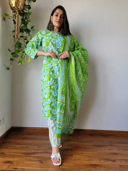 Parrot green base blue color floral  hand block printed cotton suit