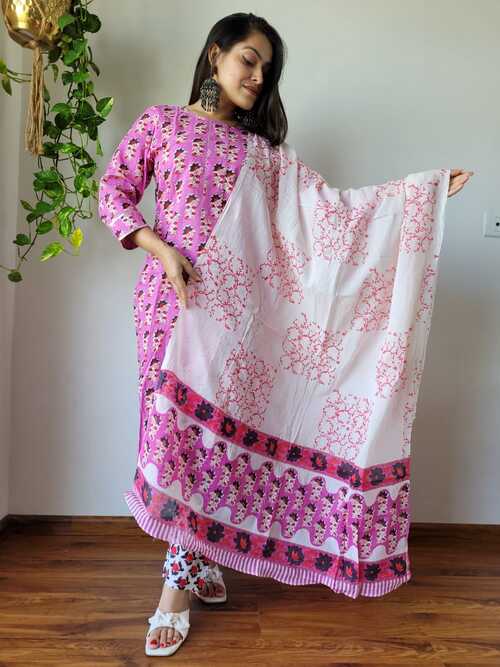 Pink base brown color floral  hand block printed cotton suit