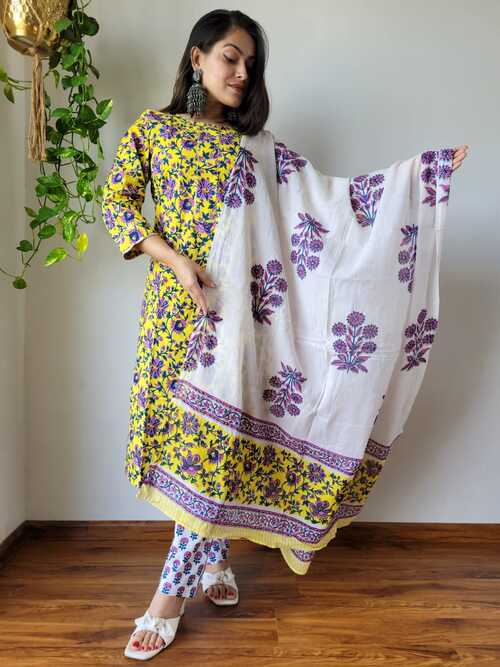 Yellow base voilet color floral  hand block printed cotton suit